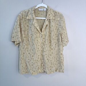 Vintage Silk Women's Top Button down Butter Yellow‎ Floral Coquette Retro Muted